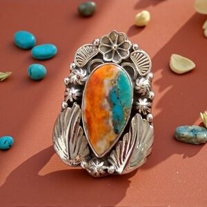 SPINY OYSTER TURQUOISE RING 925 STERLING SILVER SIZE 7 1/4
